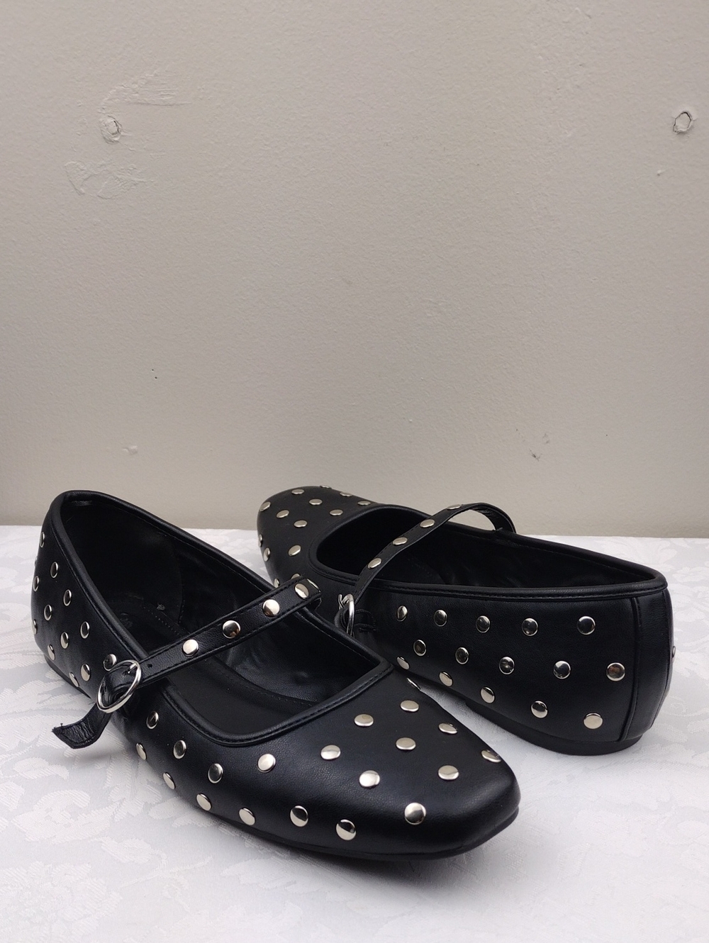 Madden Girl Polly Black PU Silver Studded Upper Square Toe Flat Mary Jane Shoe